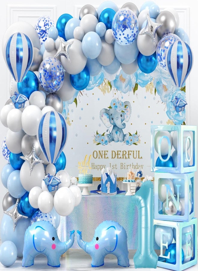 Winrayk 141Pcs Elephant First 1st Birthday Decorations Boy, ONE Box Blue Balloon Arch Backdrop Tablecloth Crown Hat Cake Topper Elephant Hot Air Balloon One Year Old First Birthday Decorations for Boy - Image 1